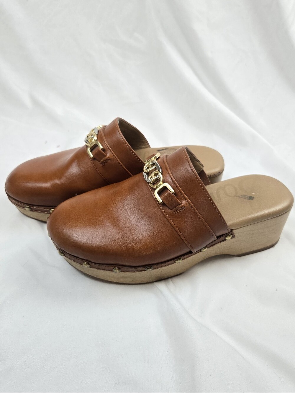 Sam Edelman Kaye Clogs Women's 7 Brown Leather Chain Wood Platform Mule